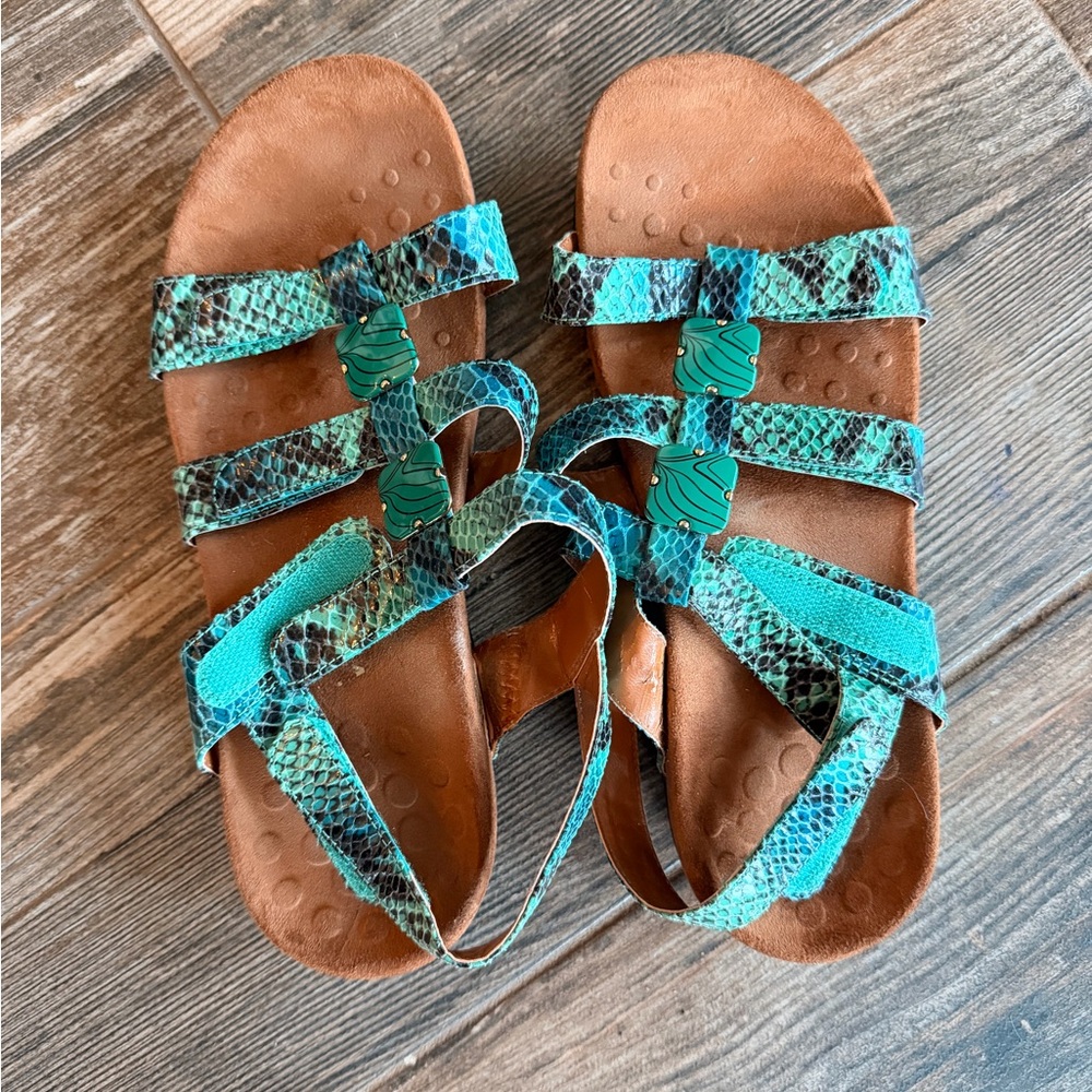 Vionic Turquoise Snake-Print Strappy Flats